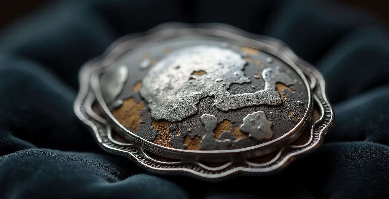 Makroaufnahme einer antiken Silberbrosche mit sichtbarer Patina