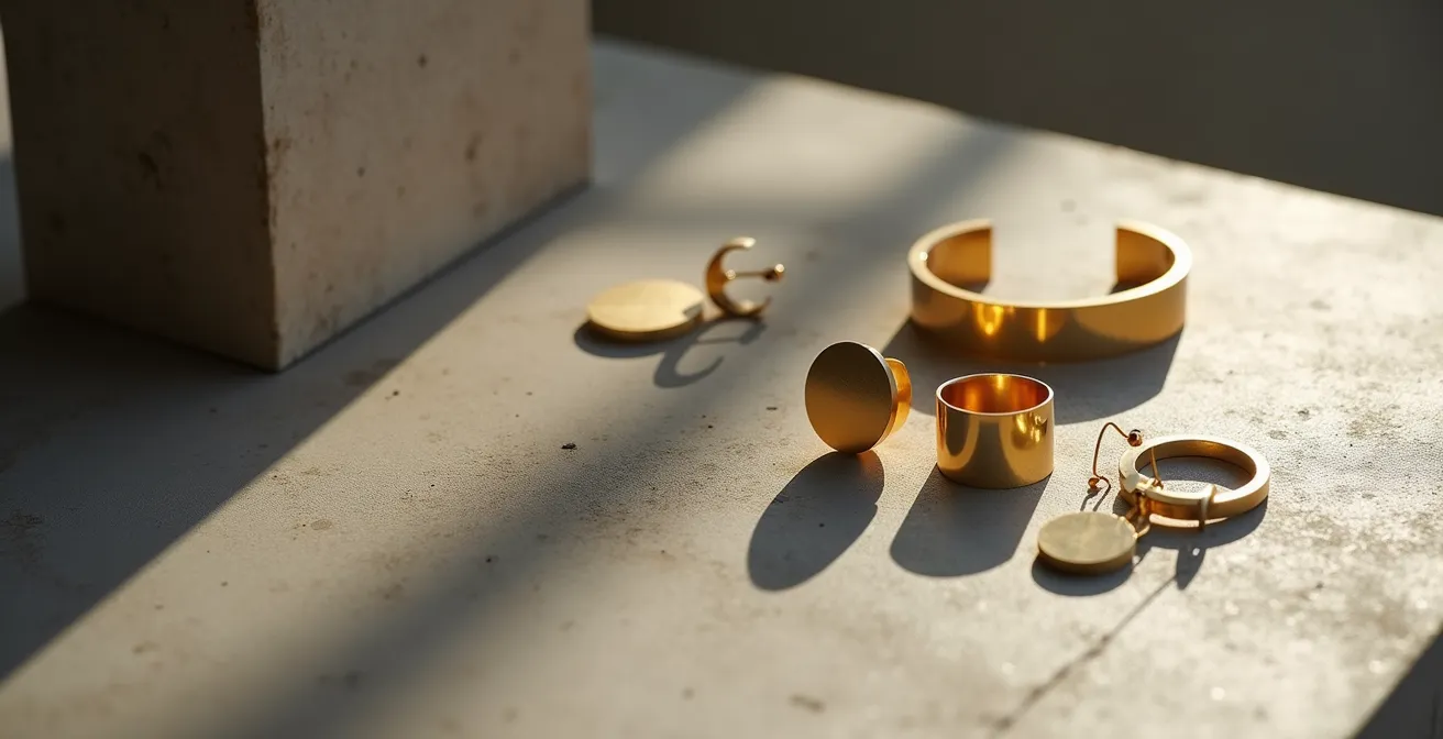 Klassische Bauhaus-inspirierte Goldschmuckstücke in zeitloser Präsentation