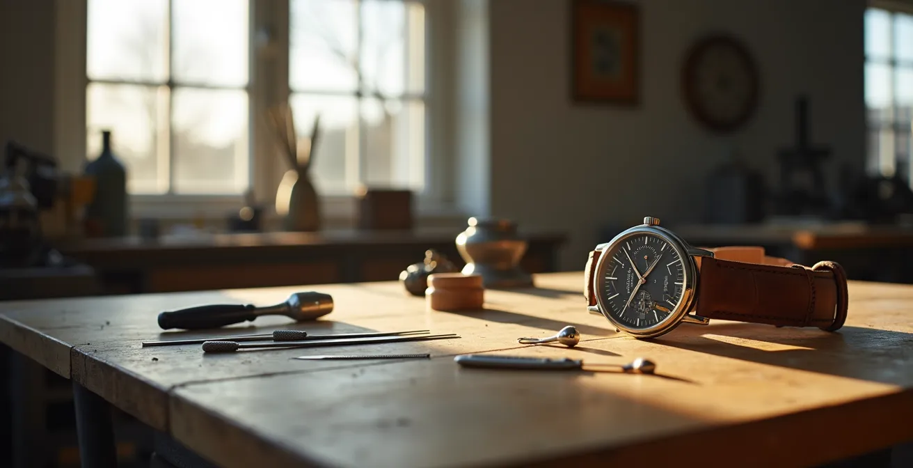 Nahaufnahme einer deutschen Luxusuhr aus Glashütte mit sichtbarem Uhrwerk