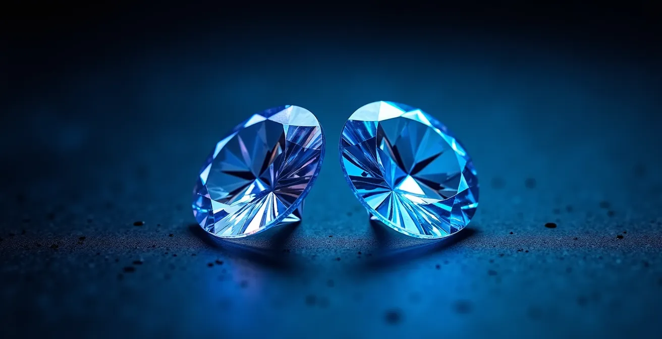 Zwei Diamanten unter UV-Licht zeigen unterschiedliche Fluoreszenz-Grade, einer leuchtet blau, der andere nicht.