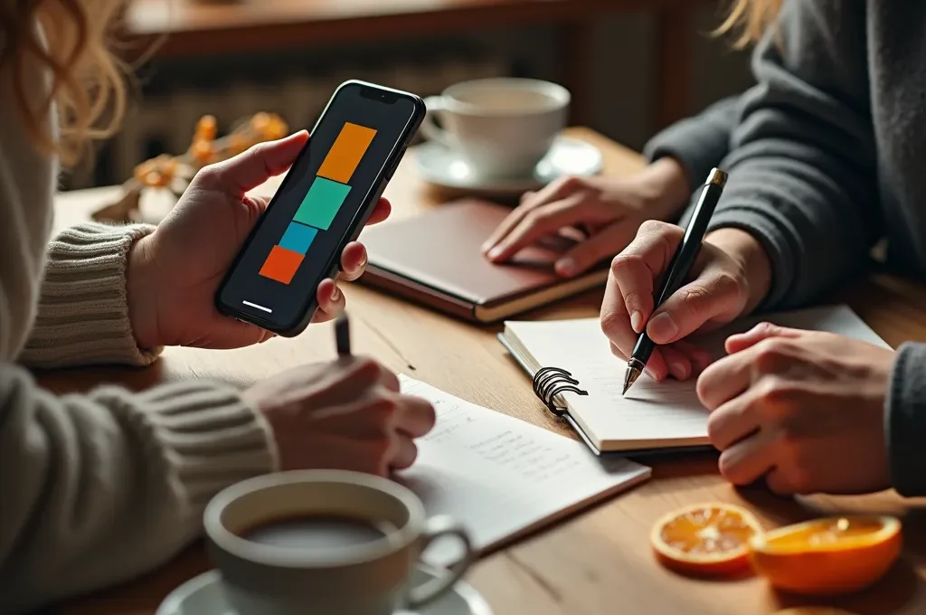 Zwei Personen unterschiedlichen Alters organisieren gemeinsam an einem Holztisch eine digitale Wunschliste auf einem Smartphone und in einem Notizbuch.
