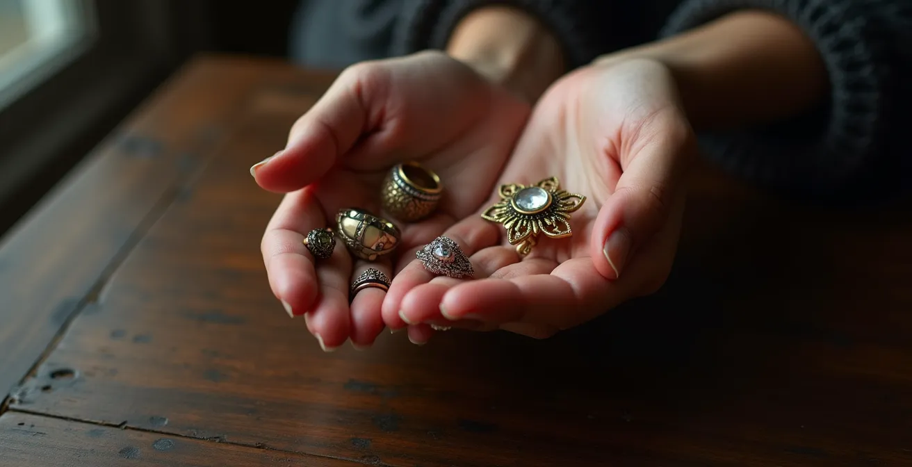 Hände halten verschiedene antike Schmuckstücke über einem eleganten Holztisch