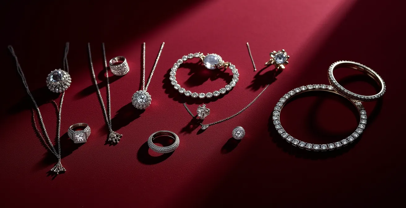 Verschiedene Schmuckstücke wie Ringe, Ketten und Armbänder, die nach Lebensereignissen auf dunklem Samt angeordnet sind und den Weg des Lebens symbolisieren.