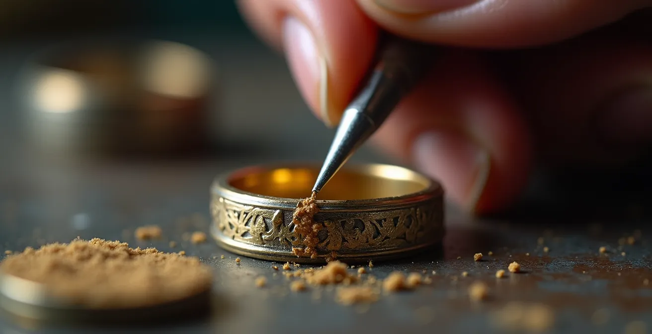 Nahaufnahme der Hände eines Goldschmieds, der mit traditionellen Werkzeugen an einem antiken Schmuckstück arbeitet und so Alt und Neu verbindet.