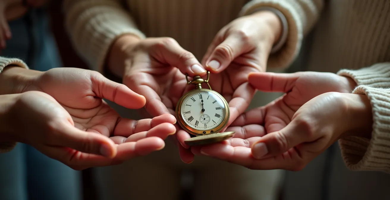 Drei Generationen Hände bei der Übergabe eines Familienerbstücks