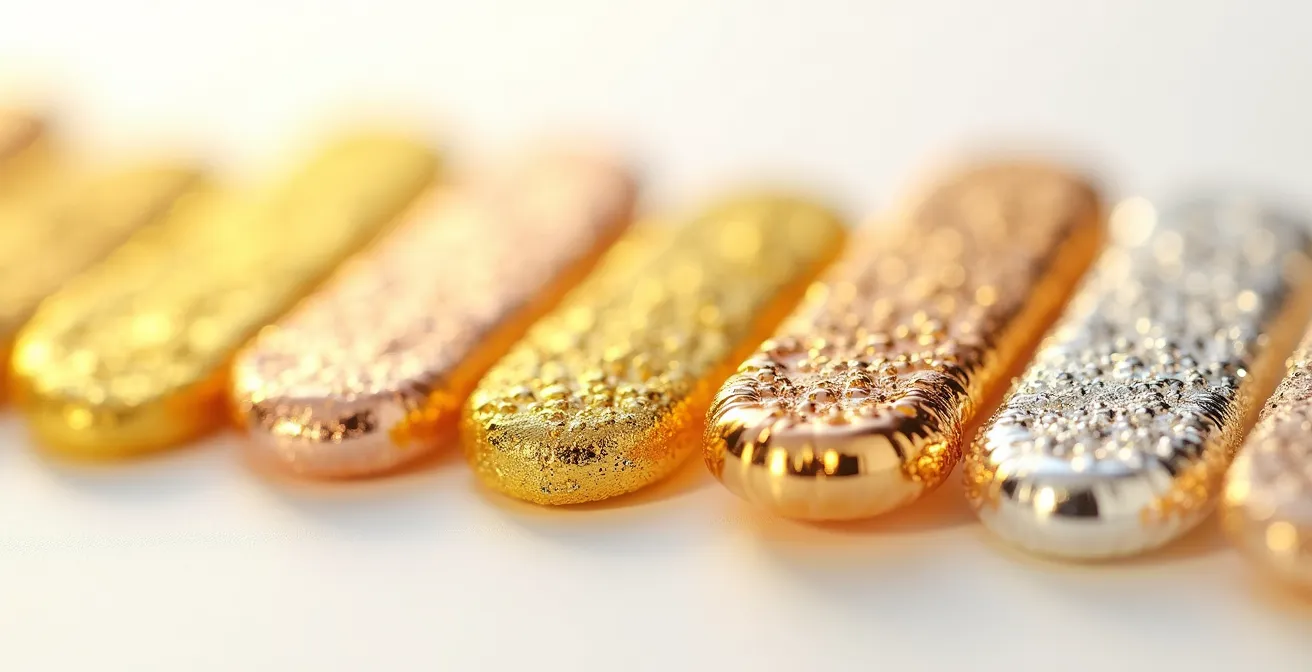Makroaufnahme verschiedener Goldlegierungen in unterschiedlichen Farbtönen