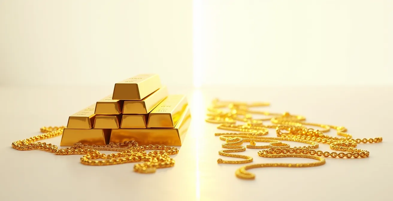 Vergleichende Darstellung von Goldbarren und hochwertigem Goldschmuck als Investitionsobjekte