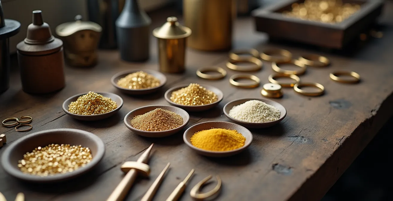 Detaillierte Darstellung eines Goldschmiedarbeitsplatzes mit verschiedenen Werkzeugen und Goldlegierungen