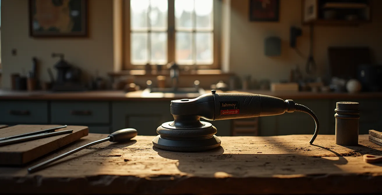 Professionelle Poliermaschine in einer traditionellen deutschen Goldschmiedwerkstatt, Werkzeuge liegen auf einer Werkbank.