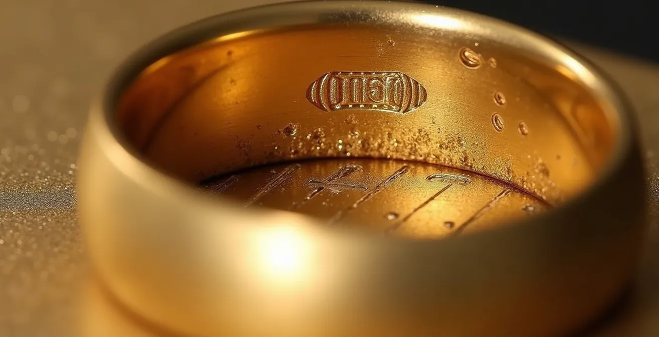 Extreme Makroaufnahme einer 585 Punzierung auf der Innenseite eines Goldringes