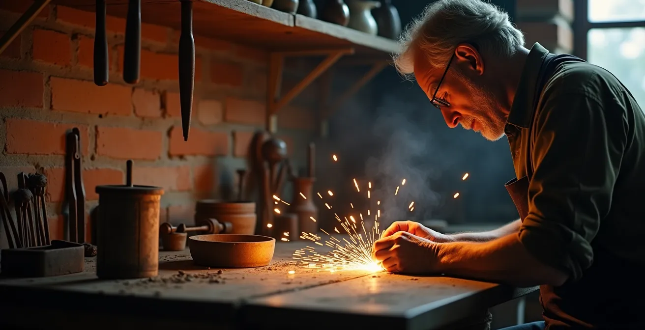Traditionelle deutsche Goldschmiede-Werkstatt mit Handwerker bei der Arbeit