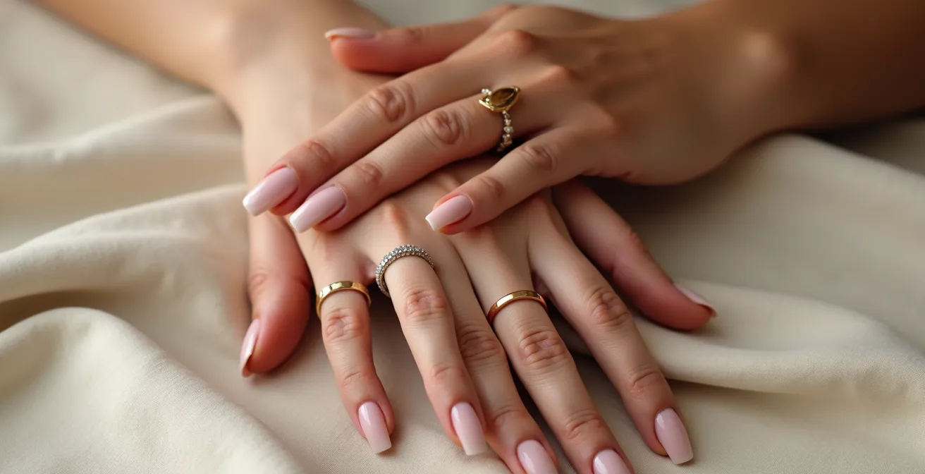 Drei Frauenhände unterschiedlicher Hauttöne tragen Goldringe in Gelb-, Weiß- und Roségold