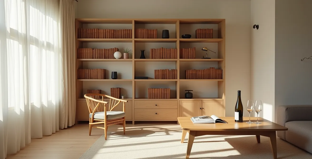 Eleganter deutscher Wohnraum mit Bauhaus-Elementen, der eine kultivierte und ruhige Atmosphäre ausstrahlt.