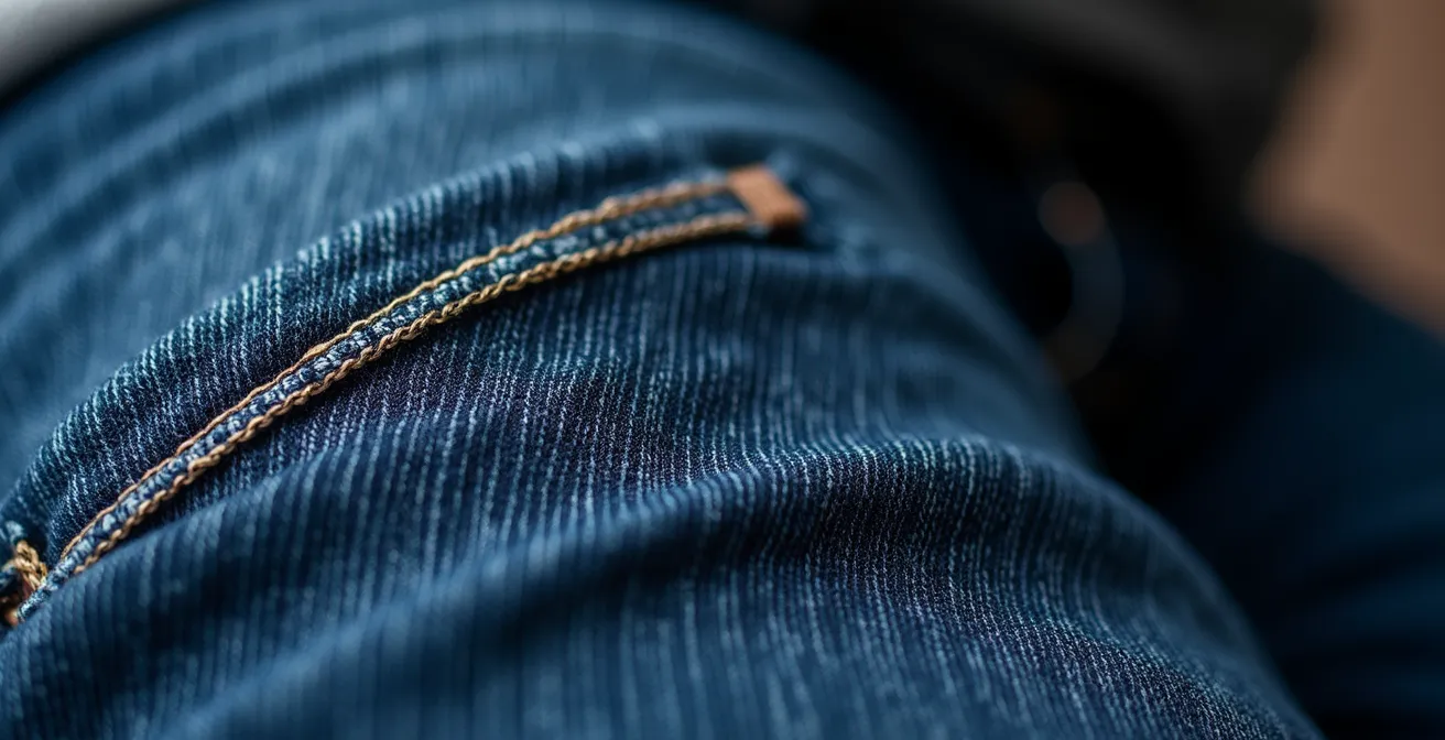 Nahaufnahme der perfekten Jeans-Passform beim Sitzen ohne Faltenbildung