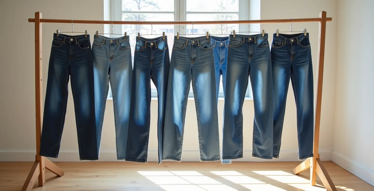 Jeans hängen zum Lufttrocknen an einer minimalistischen Wäscheleine