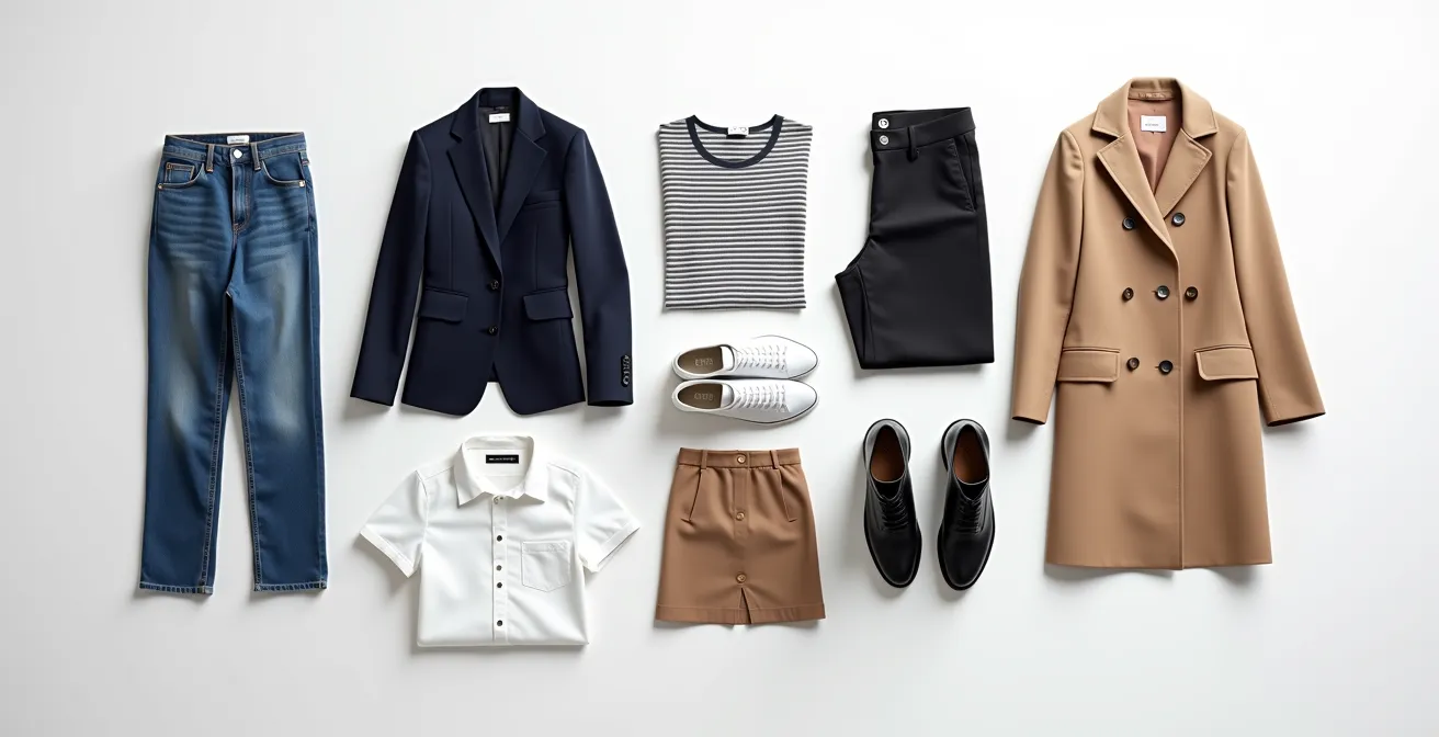 Flat-Lay-Arrangement von 10 Kleidungsstücken mit verschiedenen Kombinationsmöglichkeiten, die das Prinzip der Kapselgarderobe verdeutlichen.