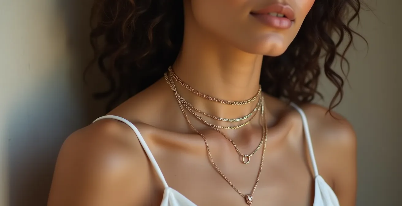 Nahaufnahme verschiedener Kettenlängen in harmonischer Abstufung am Hals