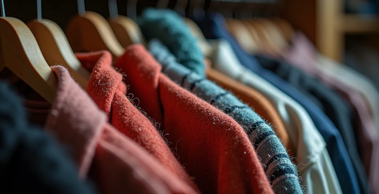 Nahaufnahme eines überfüllten Kleiderschranks mit vergessenen Kleidungsstücken, die das Chaos symbolisieren.
