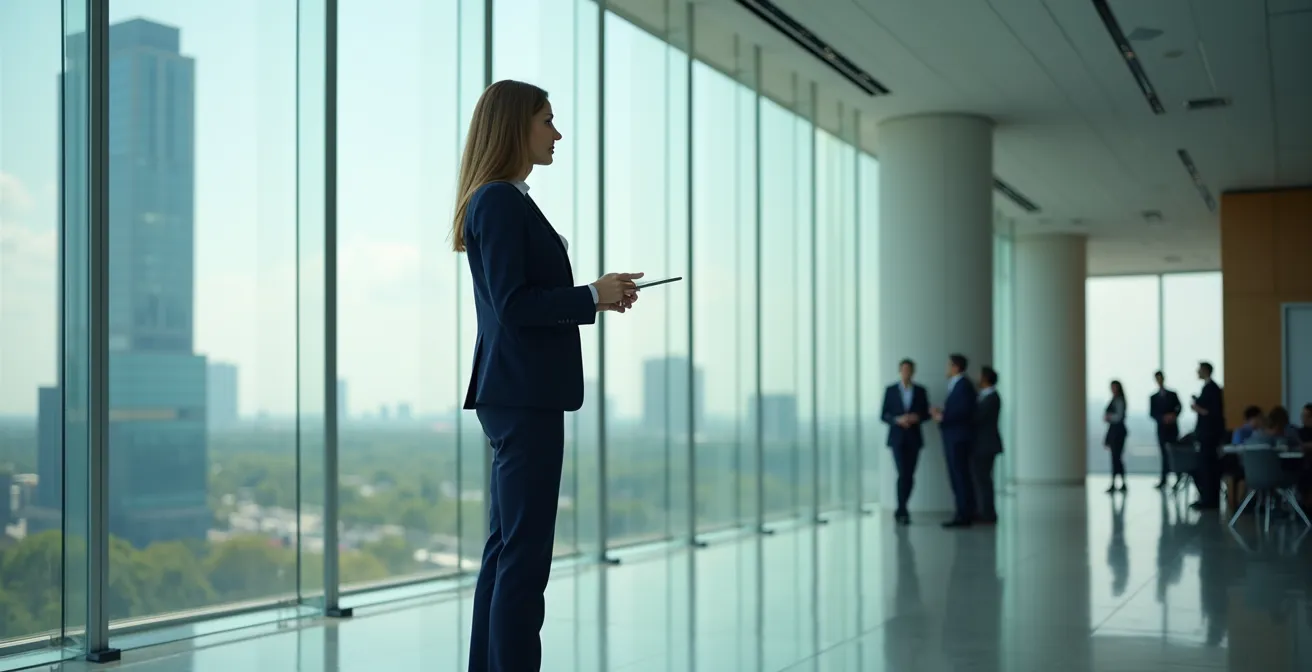 Professionelle Frau mit souveräner Haltung im Geschäftsumfeld