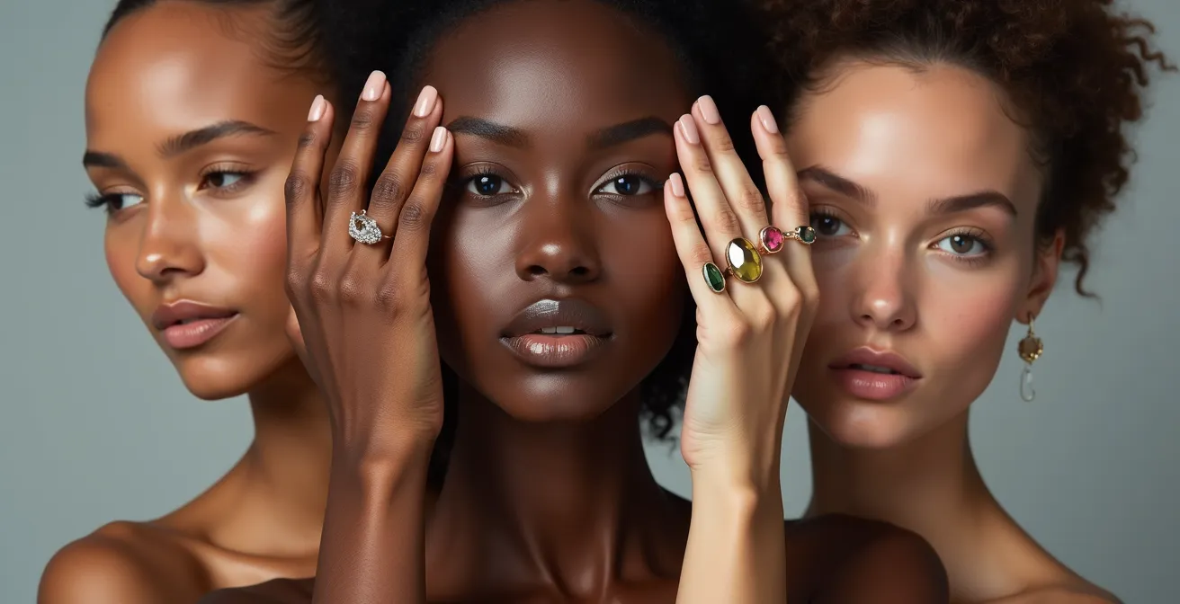 Verschiedene Schmuckmetalle auf unterschiedlichen Hauttönen