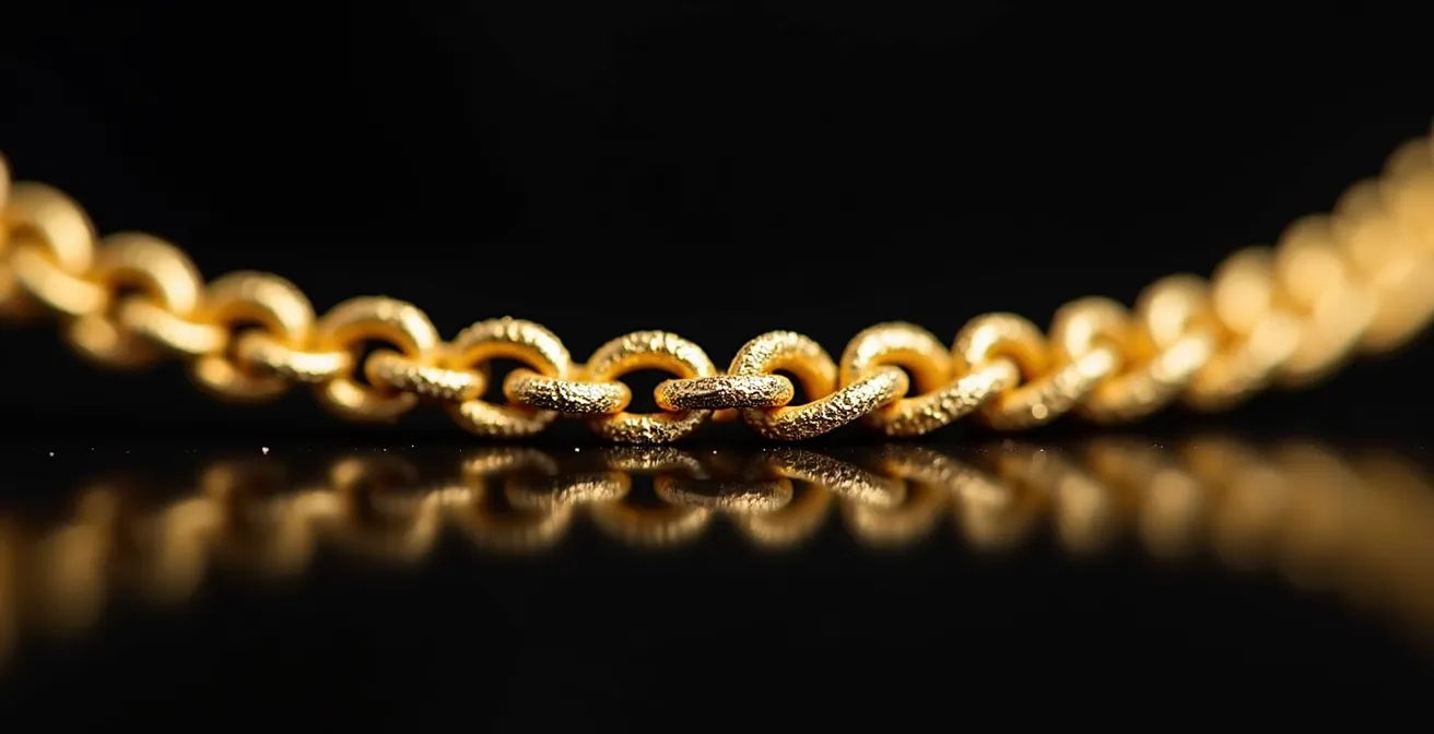 Makroaufnahme einer polierten Goldkette, bei der eine Hälfte winzige Kratzer und die andere eine perfekt glatte Oberfläche zeigt.