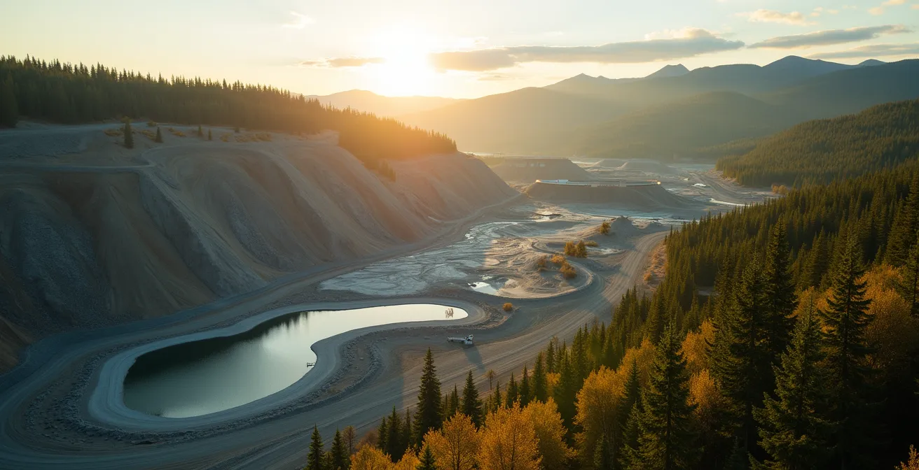 Luftaufnahme einer modernen kanadischen Diamantmine mit angrenzenden Renaturierungsflächen, die eine verantwortungsvolle Praxis zeigt.