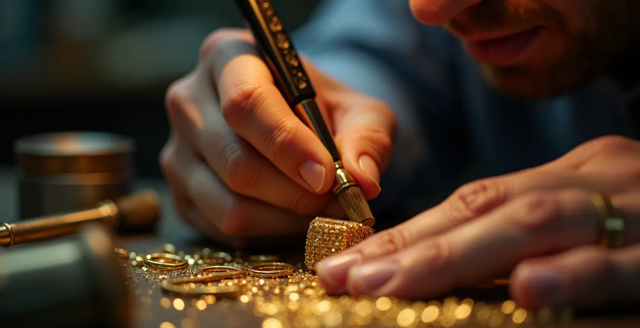Nahaufnahme einer professionellen Schmuckreinigung beim Juwelier mit Ultraschallbad