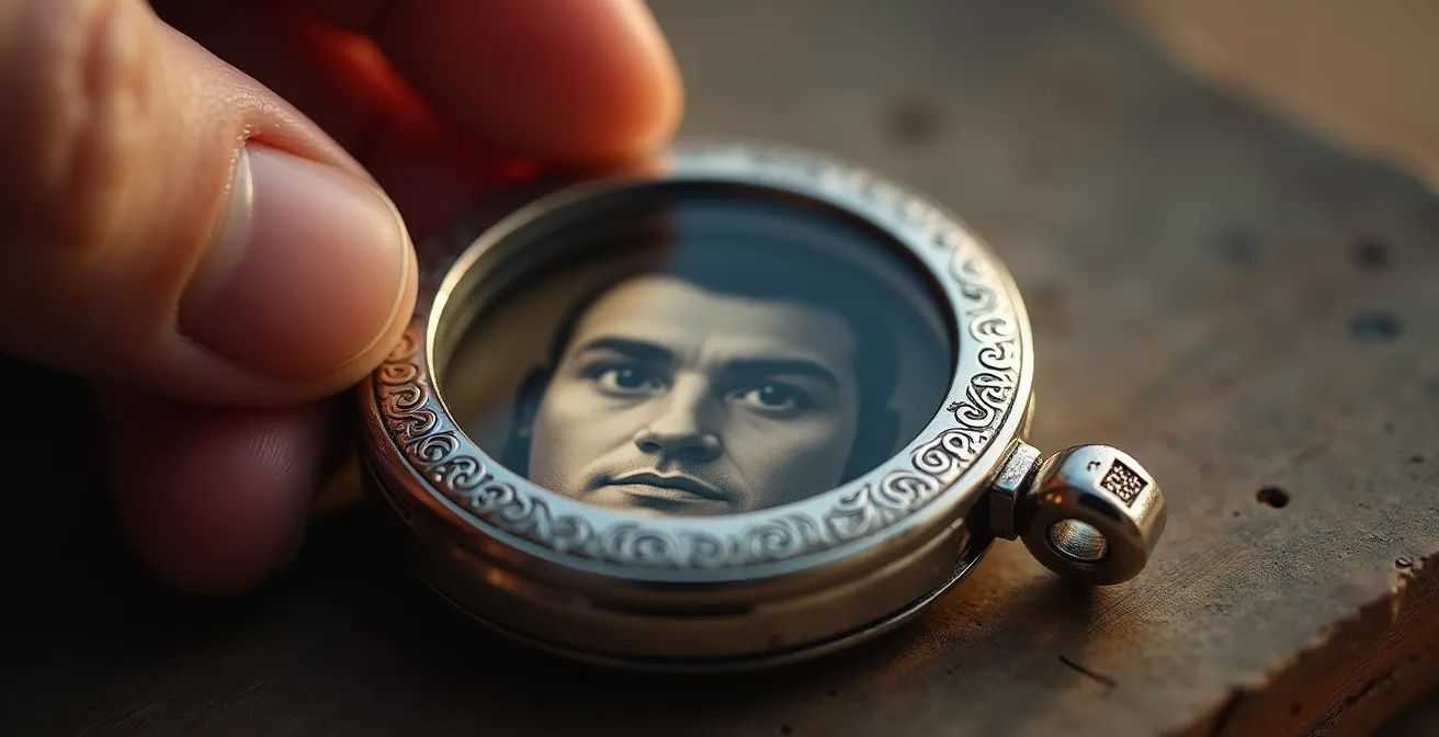 Diskrete QR-Code-Gravur auf antikem Schmuckstück verbindet analog mit digital