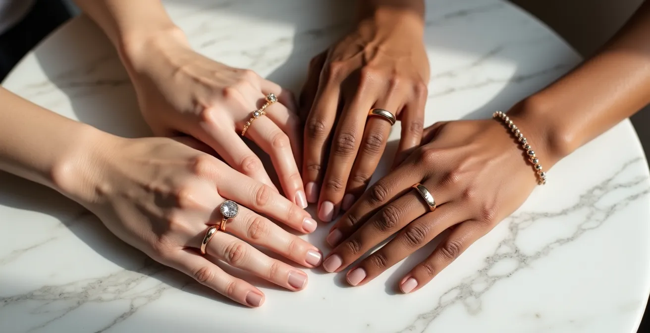 Verschiedene Hauttöne mit Roségold-Schmuck in harmonischer Darstellung