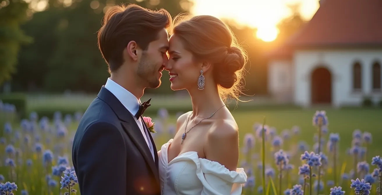 Historische deutsche Adelsfamilie mit Saphirschmuck in romantischer Gartenszene