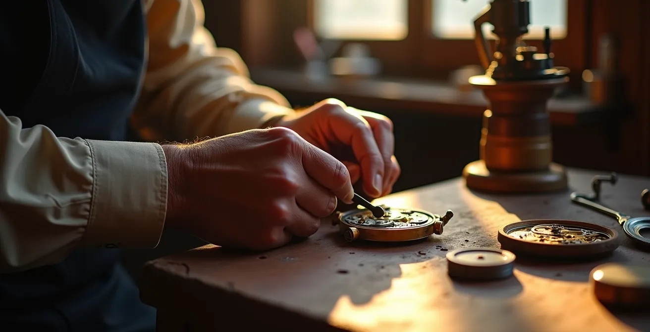 Professionelle Uhrmacherwerkzeuge auf einem Arbeitstisch in einer deutschen Werkstatt