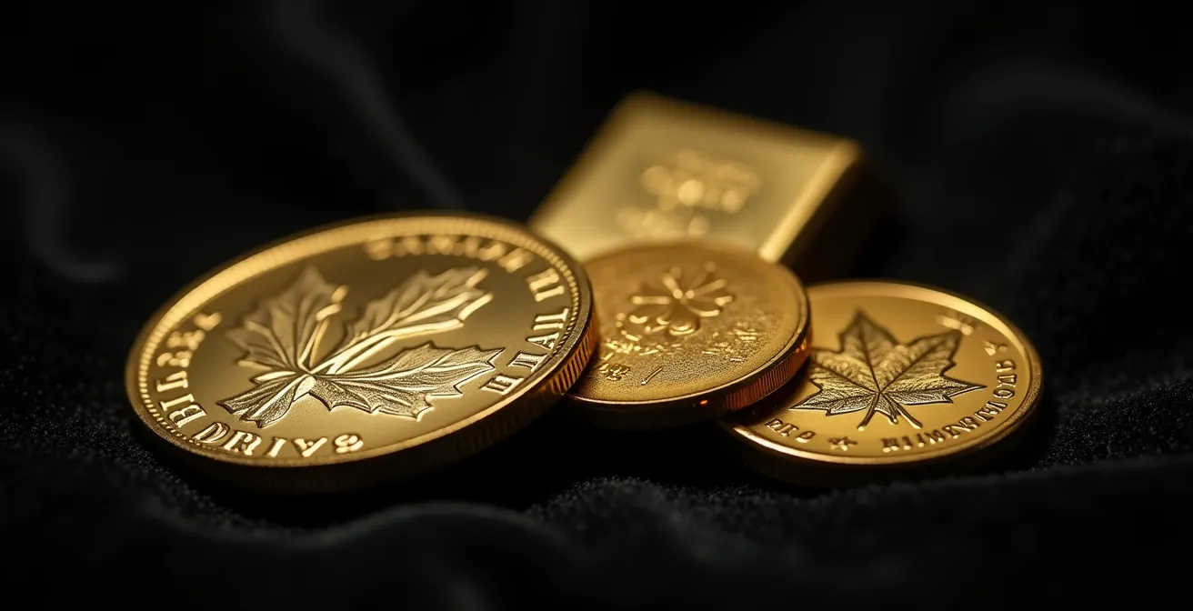 Verschiedene Goldmünzen und Barren im direkten Größenvergleich