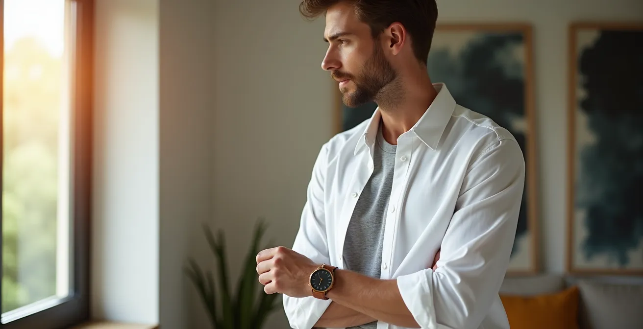 Fünf verschiedene Styling-Varianten eines weißen Hemdes von casual bis business