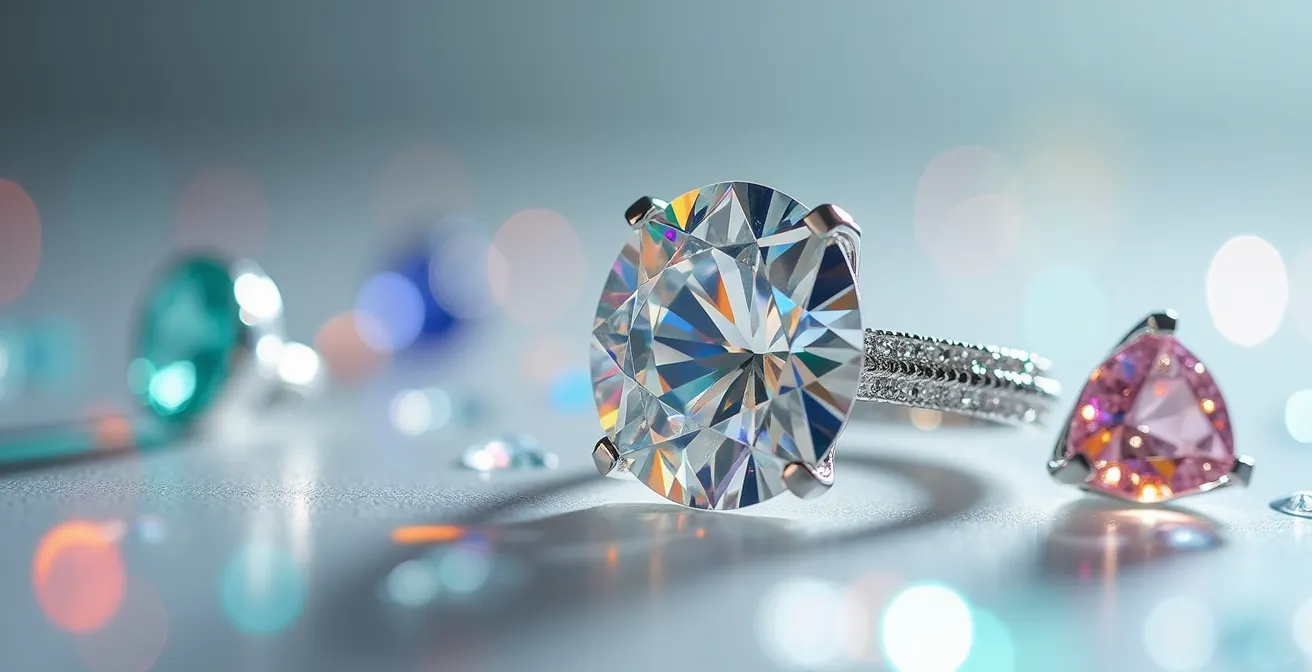 Makroaufnahme von Diamanten in Weißgoldfassung zeigt perfekte Farbbrillanz