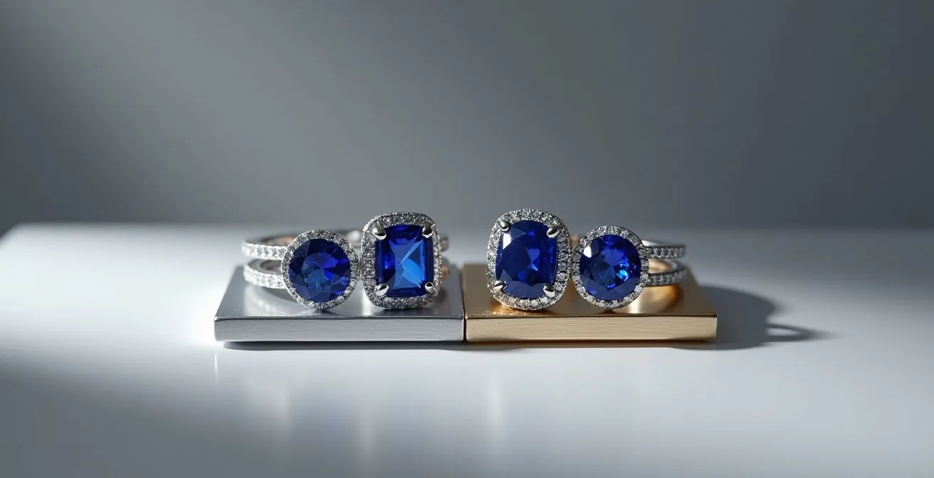 Detailaufnahme von zwei Saphirringen in Weißgold und Platin nebeneinander