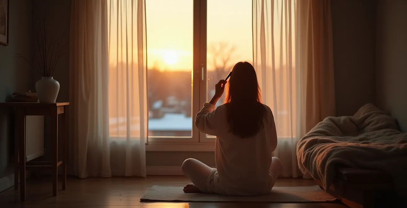 Ruhige Abendszene mit Person beim achtsamen Bürsten ihrer Haare am Fenster
