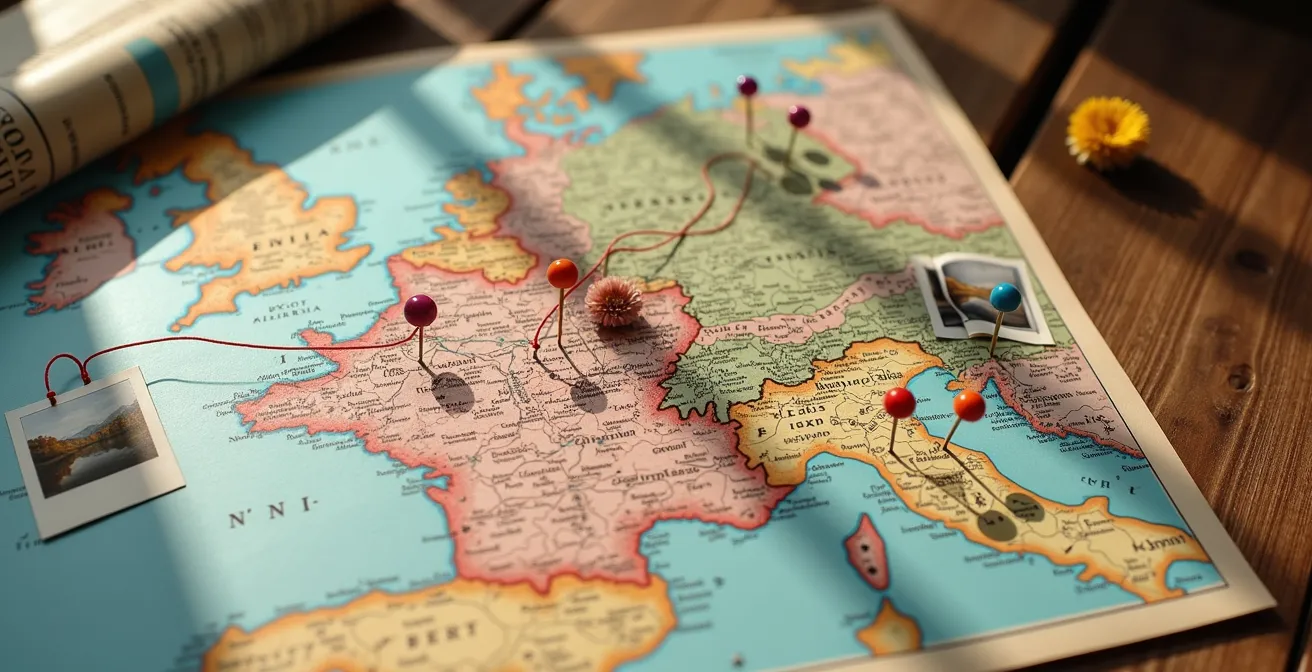 Vintage Deutschlandkarte mit bunten Pins und handgeschriebenen Notizen markiert besondere Orte