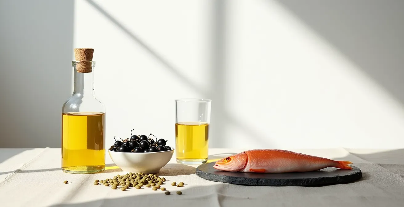 Stillleben mit deutschen Superfoods für glänzende Haare: Leinsamenöl, Johannisbeeren, Kürbiskerne