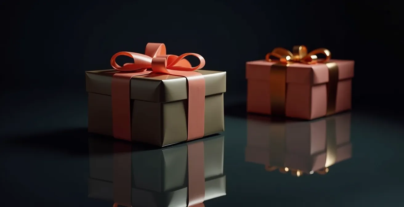 Ein symbolisches Spiegelbild, das die unterschiedlichen Geschenkvorstellungen zwischen Schenkendem und Empfänger darstellt und die Projektion von Wünschen visualisiert.