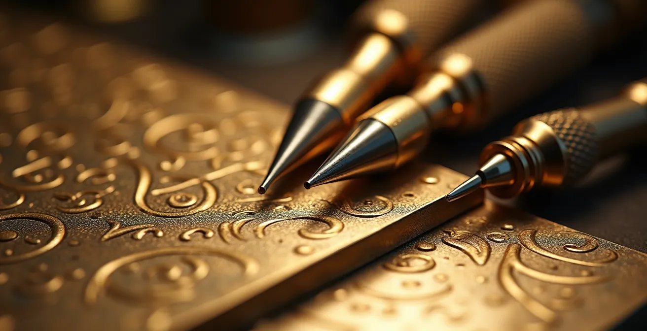 Nahaufnahme von Gravurwerkzeugen und glänzenden Metalloberflächen mit feinen Mustern