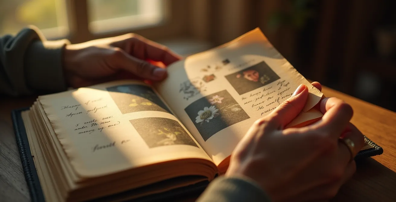 Hände blättern durch ein persönliches Fotobuch mit Familienbildern und handschriftlichen Notizen