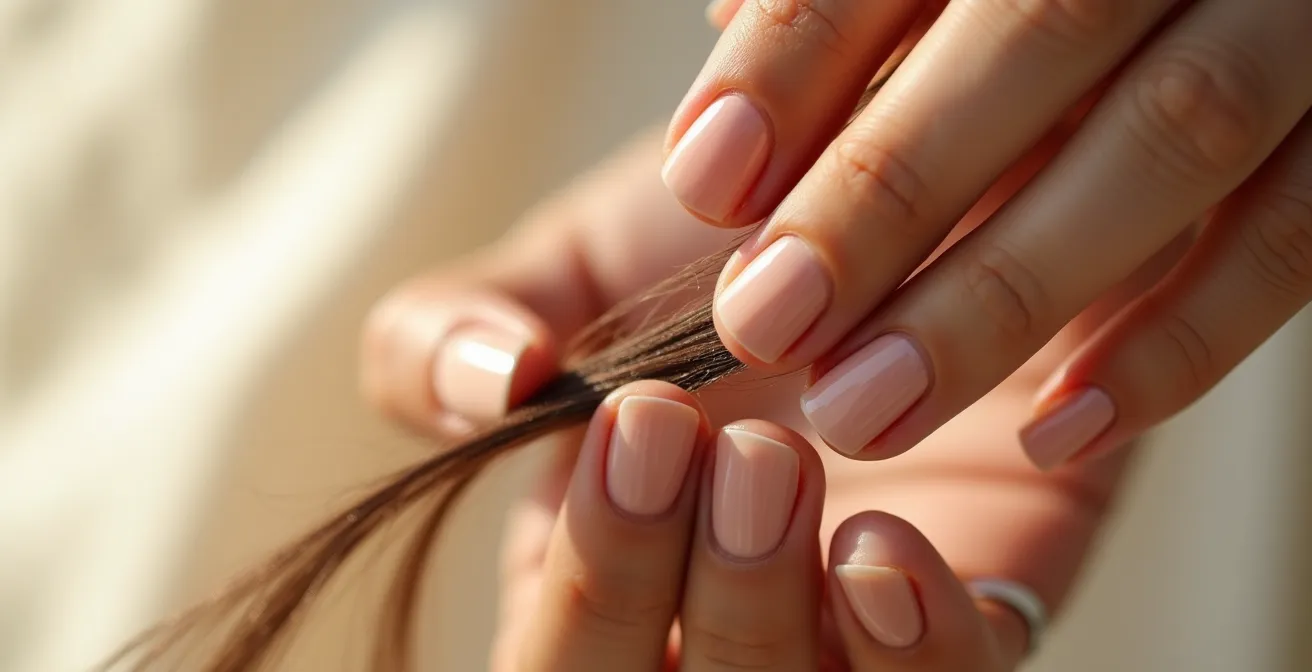 Nahaufnahme gepflegter Hände mit natürlicher Maniküre und glänzendem Haar