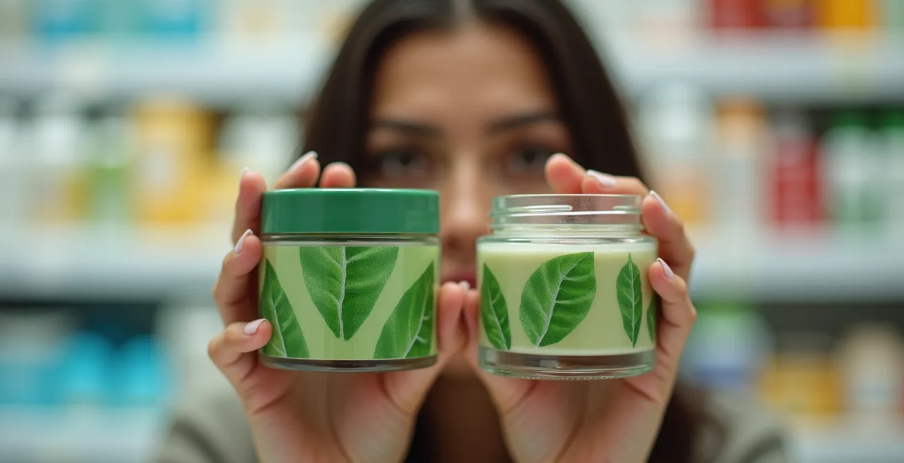 Kosmetikverpackungen mit irreführenden grünen Elementen im Kontrast zu echten Naturprodukten