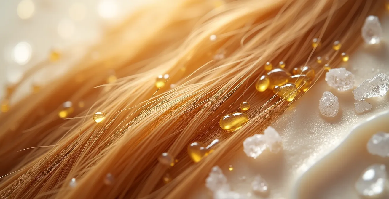 Verschiedene natürliche Haarpflegeprodukte in einer aufbauenden Schichtung arrangiert