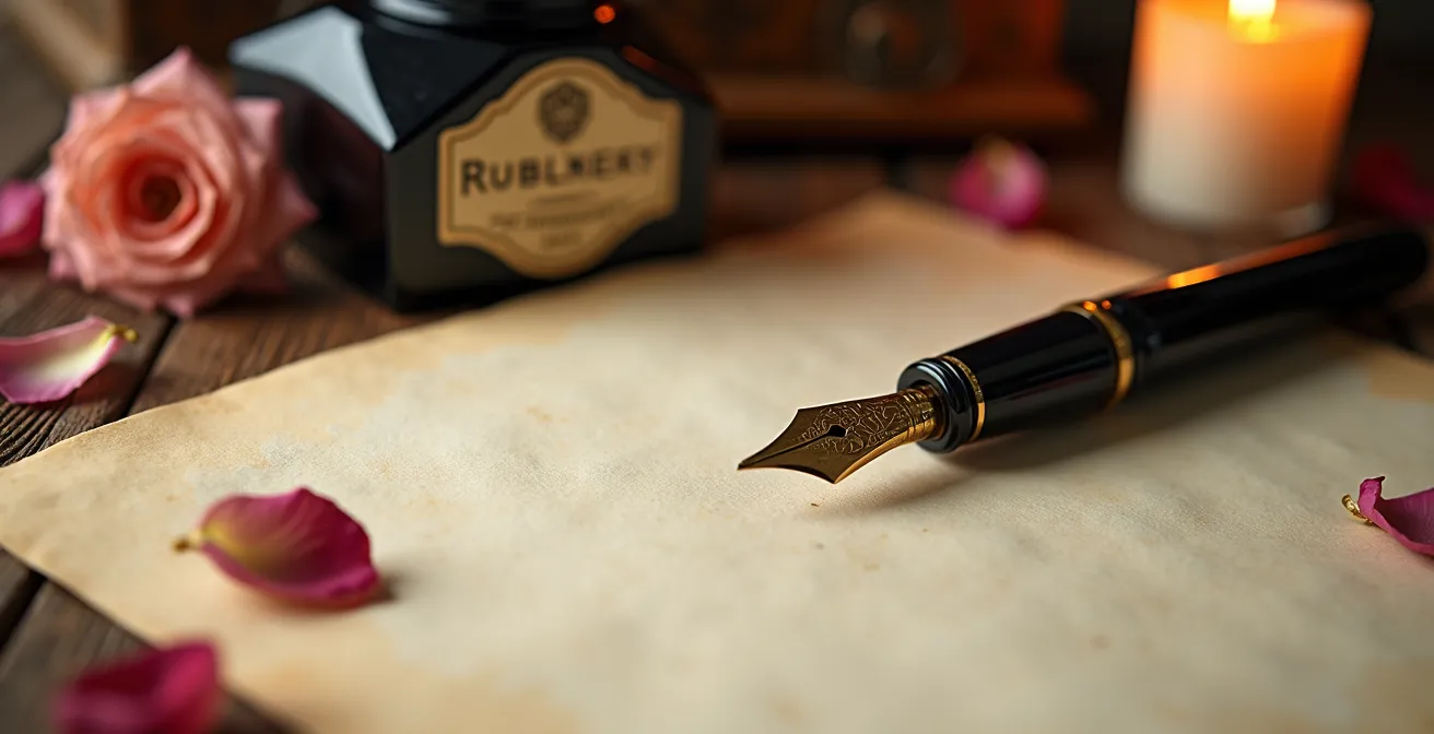 Eleganter Füllfederhalter liegt auf cremefarbenem Briefpapier auf antikem Schreibtisch