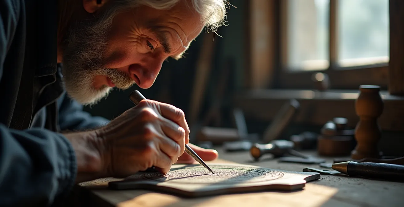 Detailaufnahme eines deutschen Graveur-Meisters bei der Handgravur auf Edelmetall