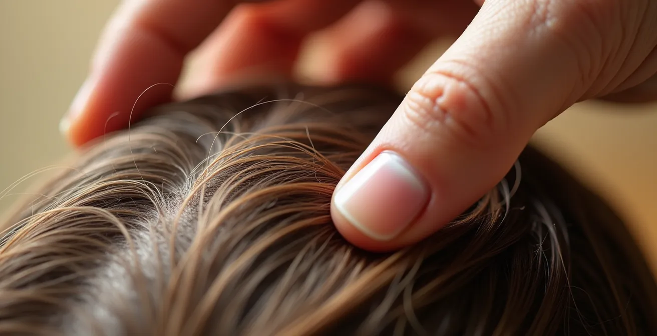 Makroaufnahme einer gesunden Kopfhaut während einer sanften Massage, die die Durchblutung fördert