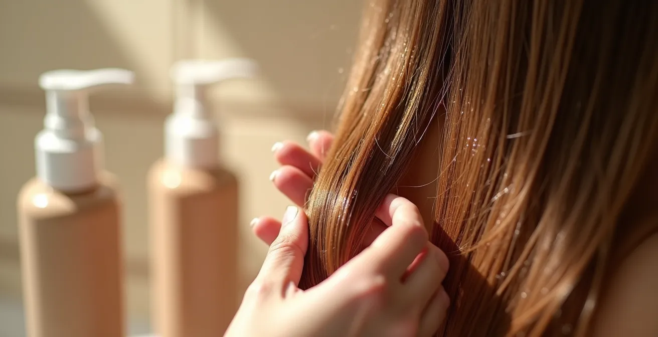 Nahaufnahme von Händen, die Leave-in-Conditioner sanft in die Haarspitzen einarbeiten