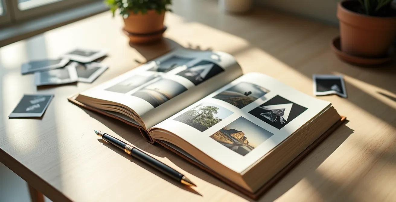 Elegantes Fotobuch mit persönlichen Erinnerungen auf einem Holztisch