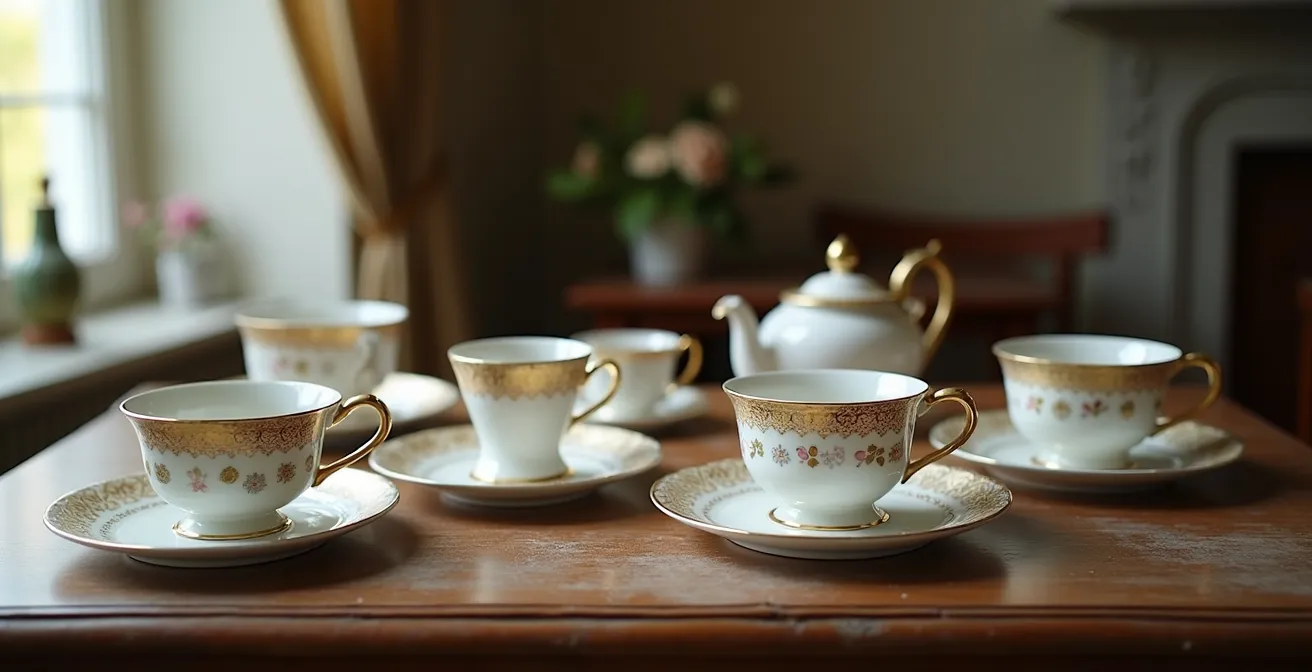 Elegantes deutsches Porzellanservice mit goldenen Verzierungen in warmem Licht arrangiert